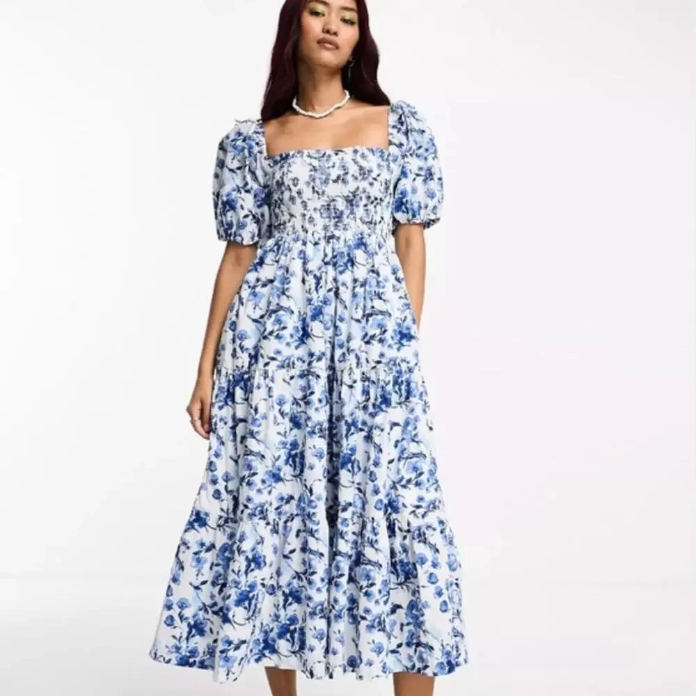 Abercrombie & Fitch smocked bodice midi poplin dress blue white floral toile XSP